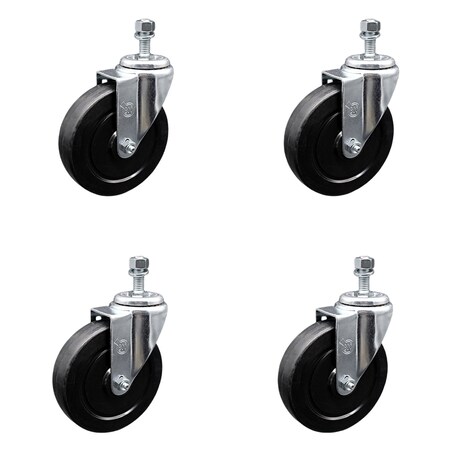 Service Caster 5 Inch SS Soft Rubber Wheel Swivel 10mm Threaded Stem Caster Set SCC SCC-SSTS20S514-SRS-M1015-4